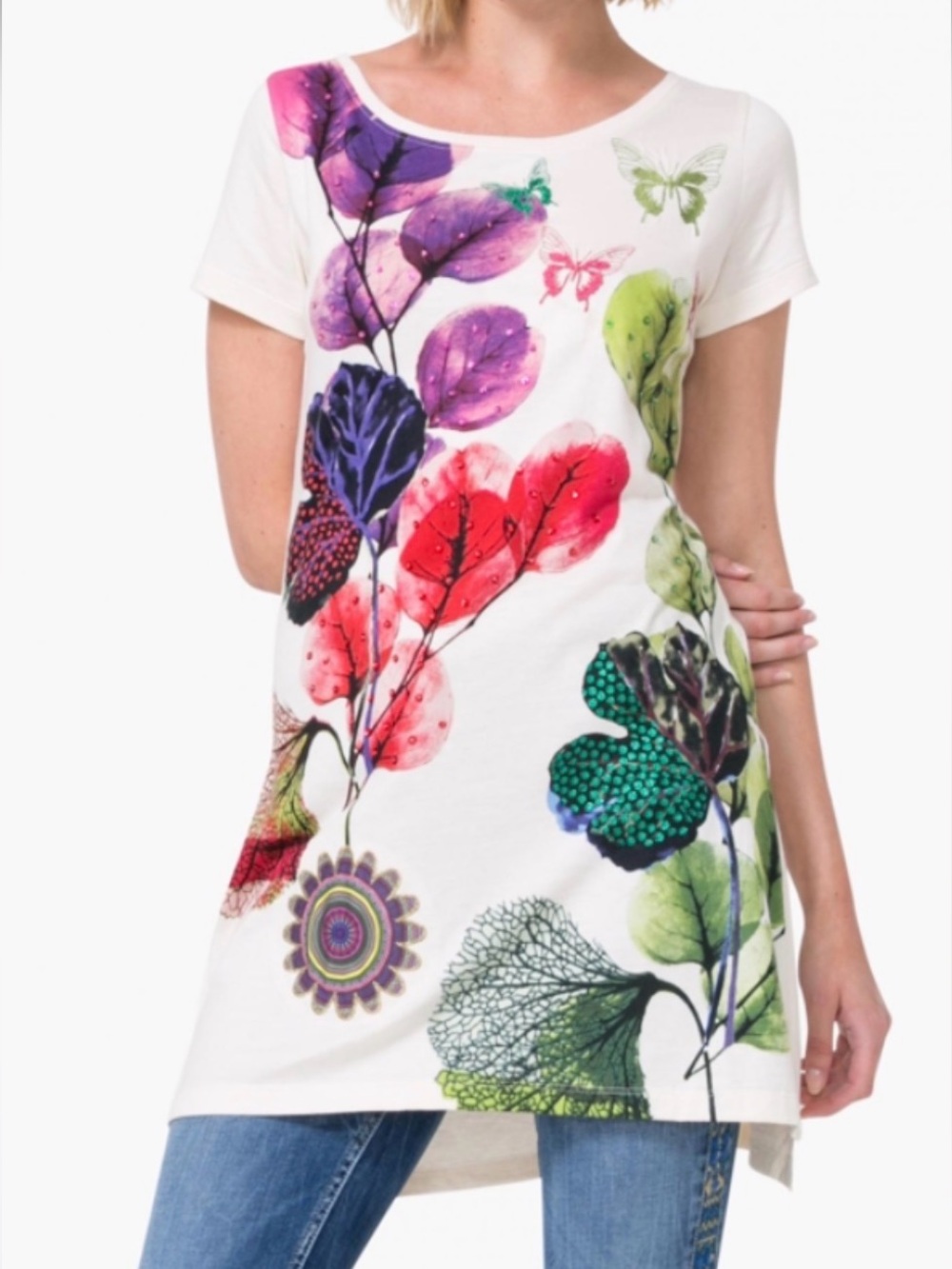 Desigual t-shirt tunic vibrant butterfly botanical print embroidered size M
